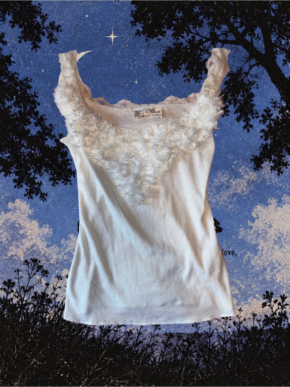 Lace-Trim White Tank Top with Floral Appliqué - Womens